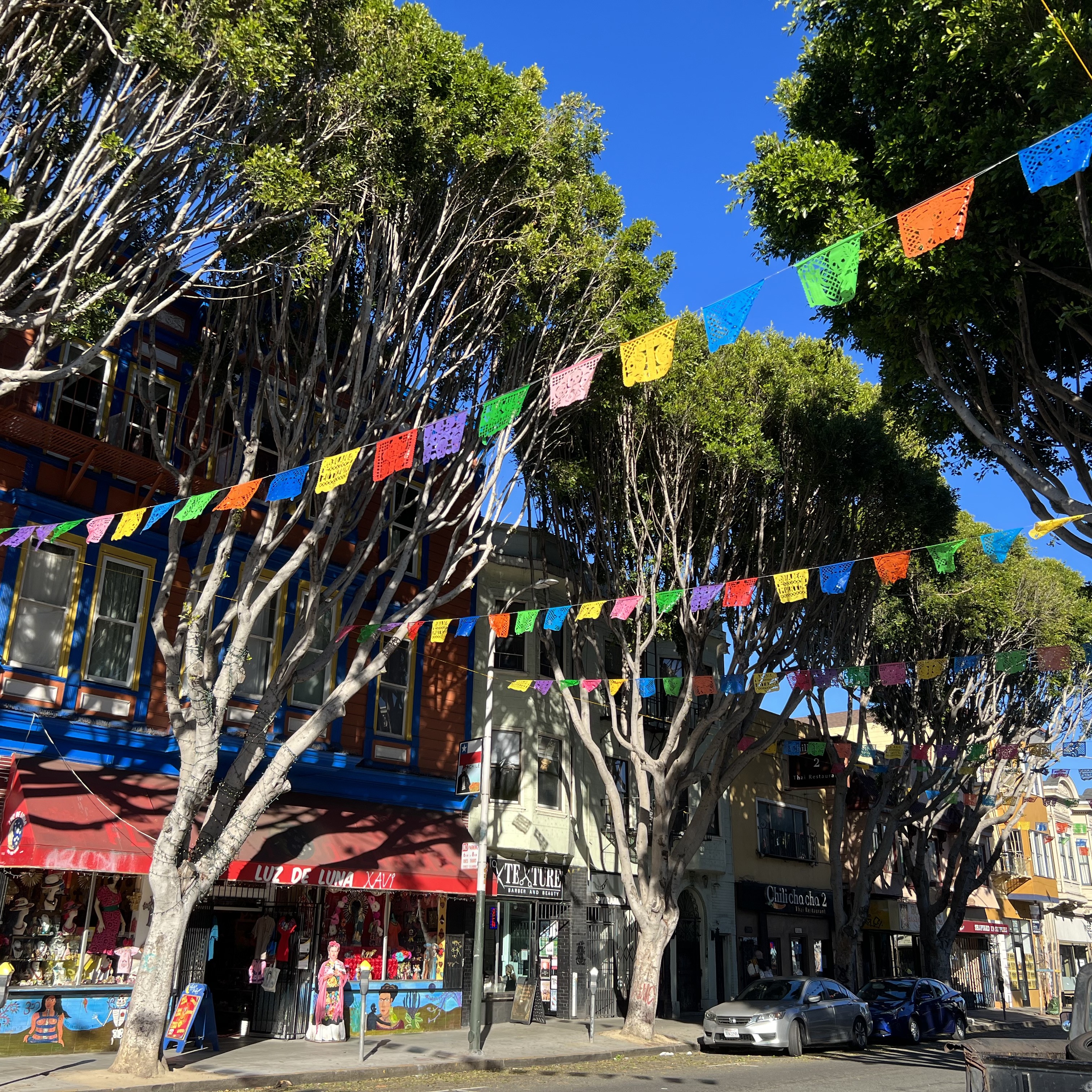 Looking down a street in the Mission with trees lining the street and multicolored flags spanning across the street.